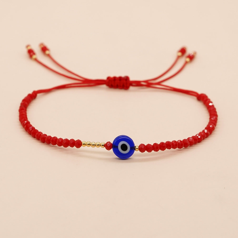 Bohemian Red Crystal & Blue Glass Beaded Women's Drawstring Bracelet