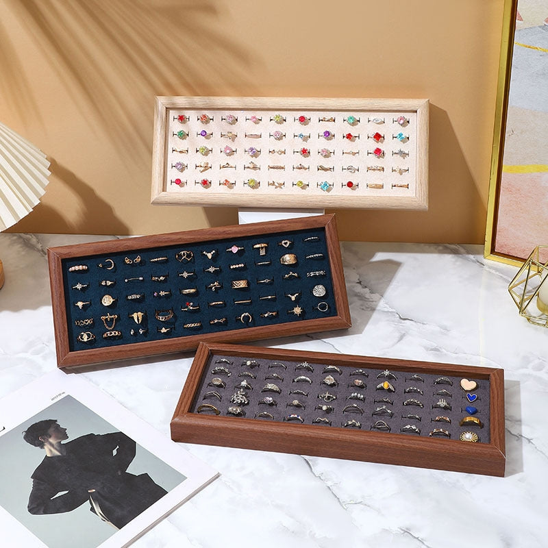 Walnut Wood Jewelry Display Tray with Flannel Lining for Rings, Earrings, Necklaces, and Bracelets