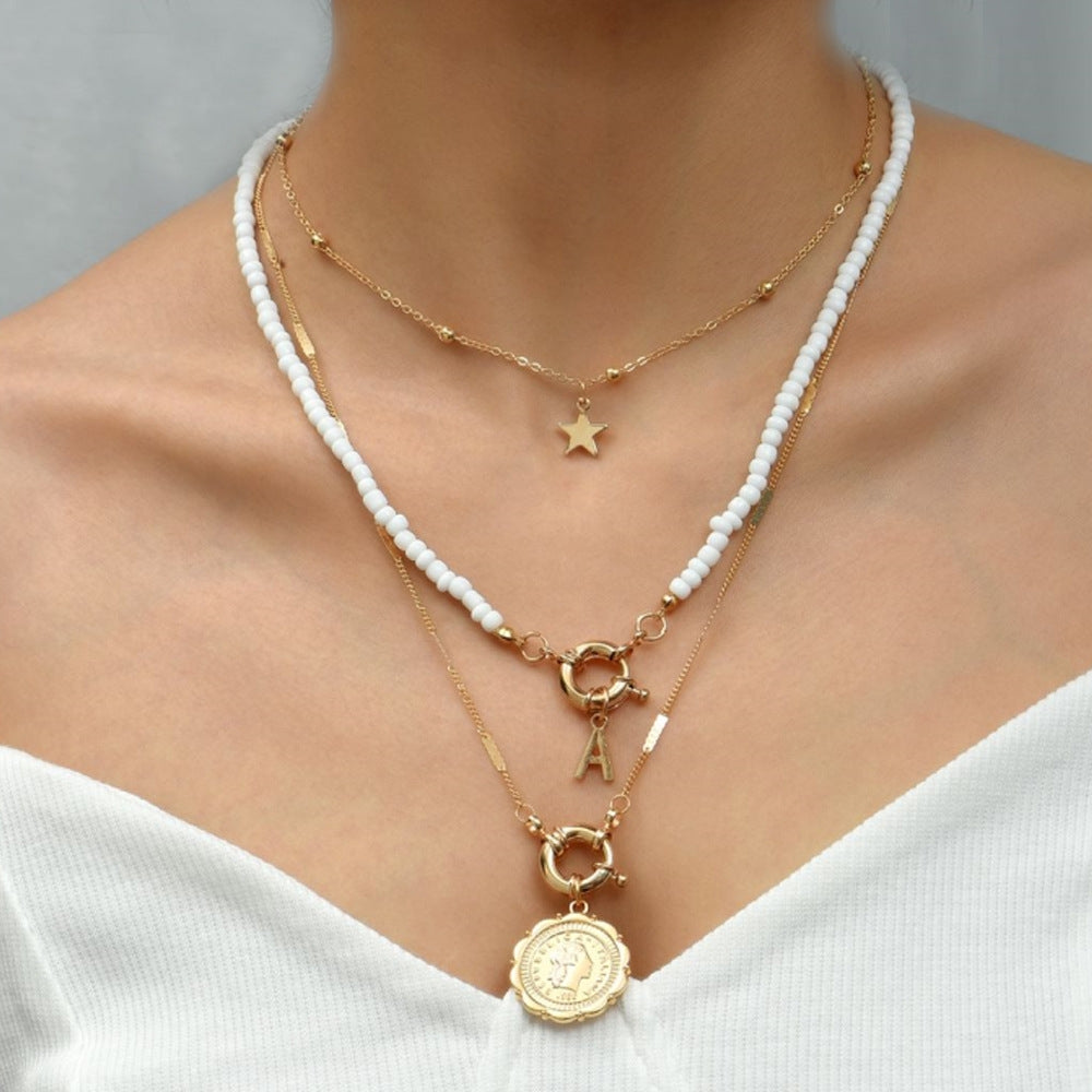 Simple Star Alloy Layered Necklace with Queen Pendant and Beaded Letter Charm