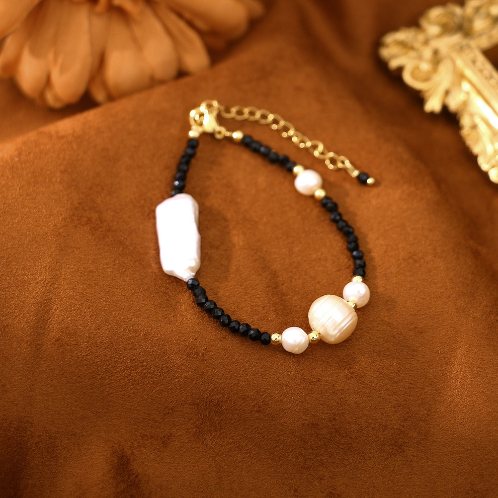 Simple Style Baroque Black Spinel Freshwater Pearl Copper Beaded Women's Bracelet