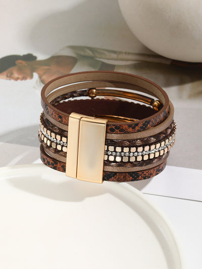 Simple Style Color Block PU Leather Rhinestone Bangle and Snakeskin Beaded Magnetic Clasp Bracelet for Women
