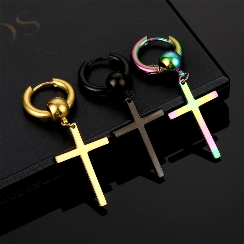 Simple Titanium Steel Cross Hoop Earrings for Men