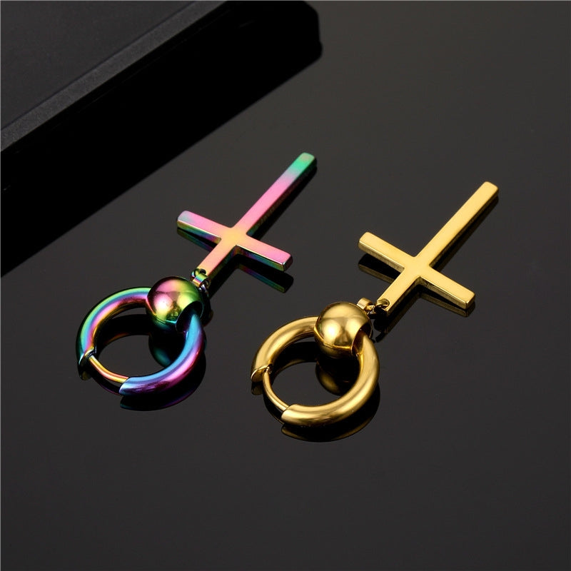 Simple Titanium Steel Cross Hoop Earrings for Men
