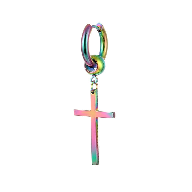 Simple Titanium Steel Cross Hoop Earrings for Men