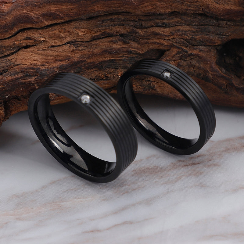 Simple Geometric Titanium Steel Couple Rings Set