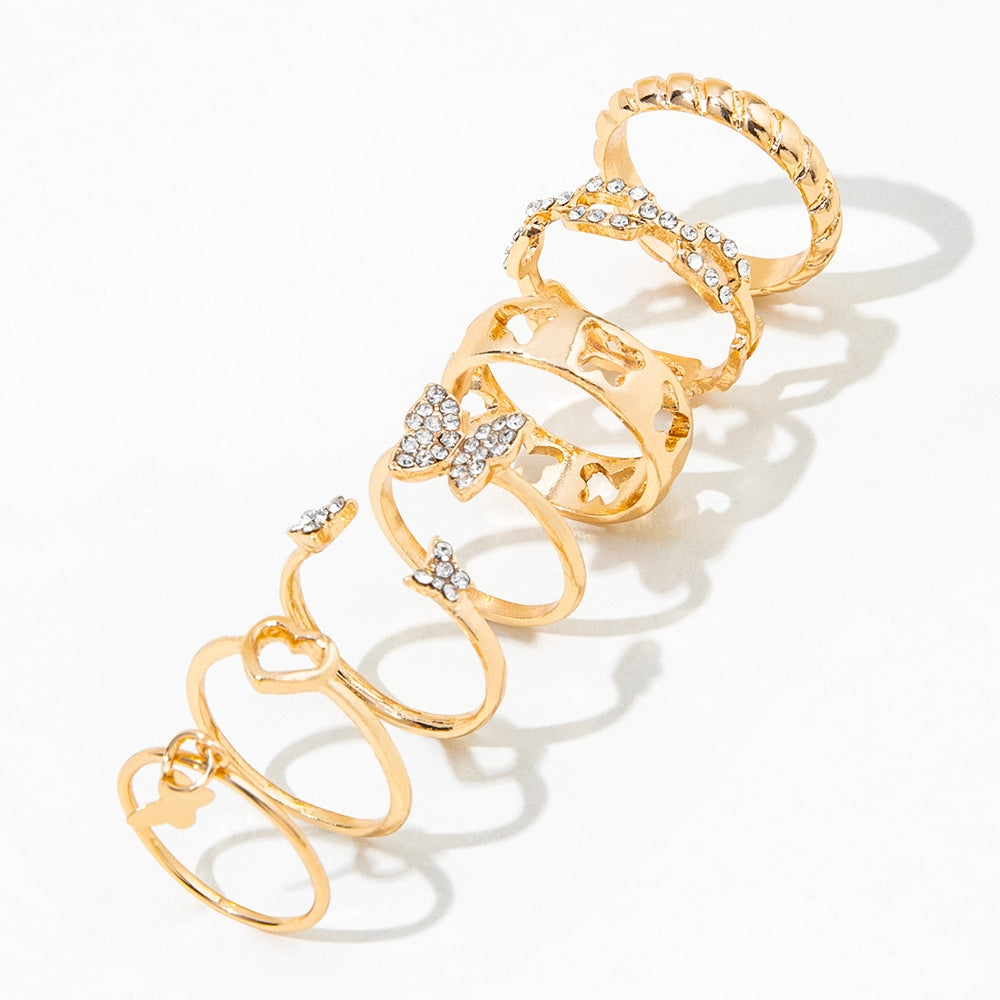 Simple Bohemian Rhinestone Butterfly Heart Ring Set for Women