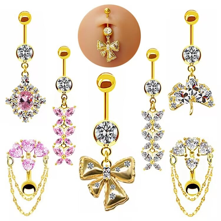 Simple Heart Butterfly Bow Knot Rhinestone Zircon Belly Ring in White and Gold Plated Stainless Steel