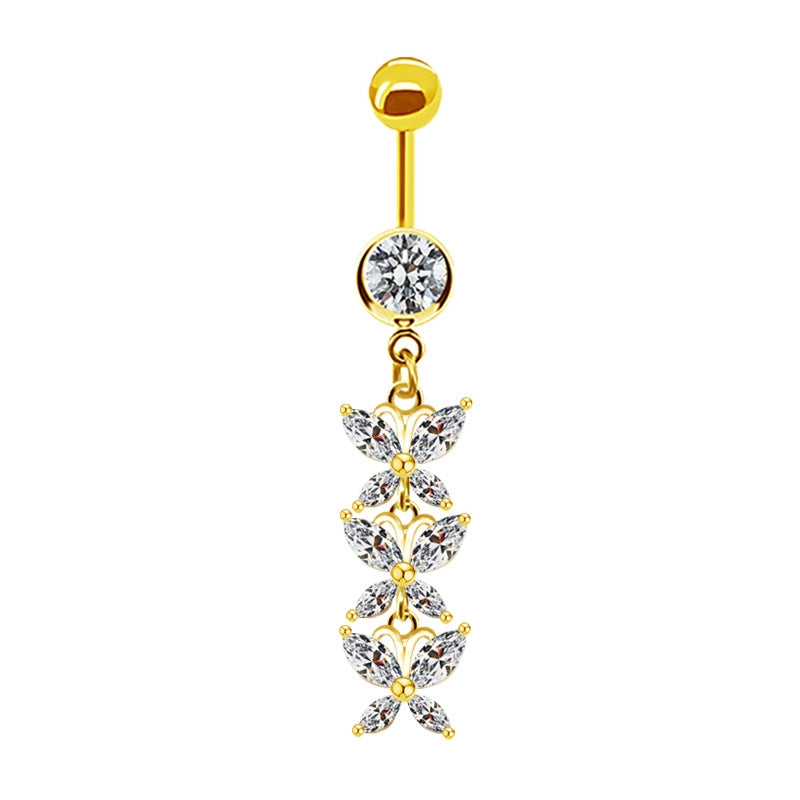 Simple Heart Butterfly Bow Knot Rhinestone Zircon Belly Ring in White and Gold Plated Stainless Steel