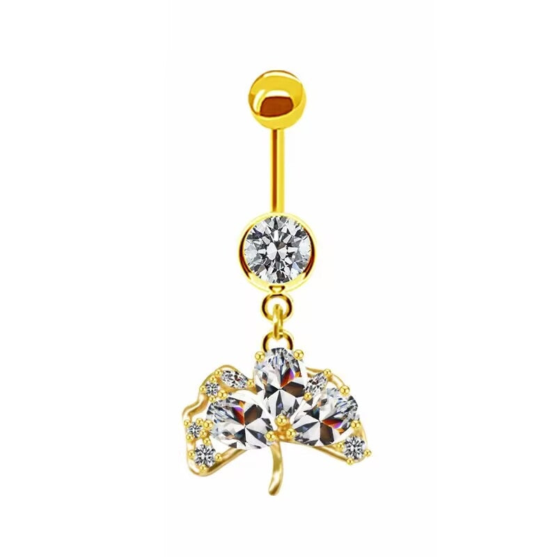 Simple Heart Butterfly Bow Knot Rhinestone Zircon Belly Ring in White and Gold Plated Stainless Steel