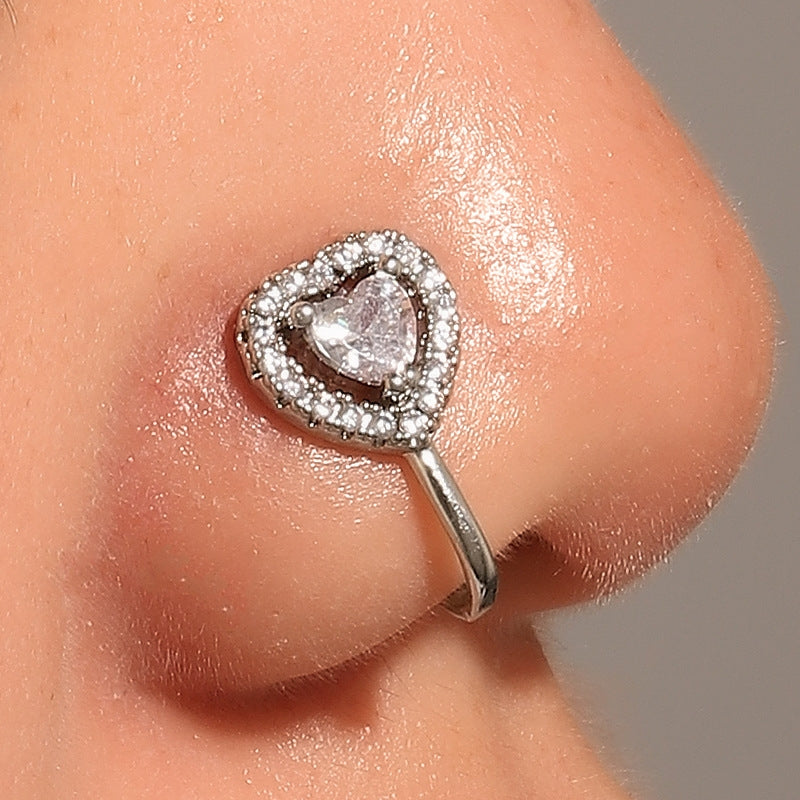 Simple Heart Shape 14k Gold Plated Zircon Nose Studs and Non-Piercing Nose Clips