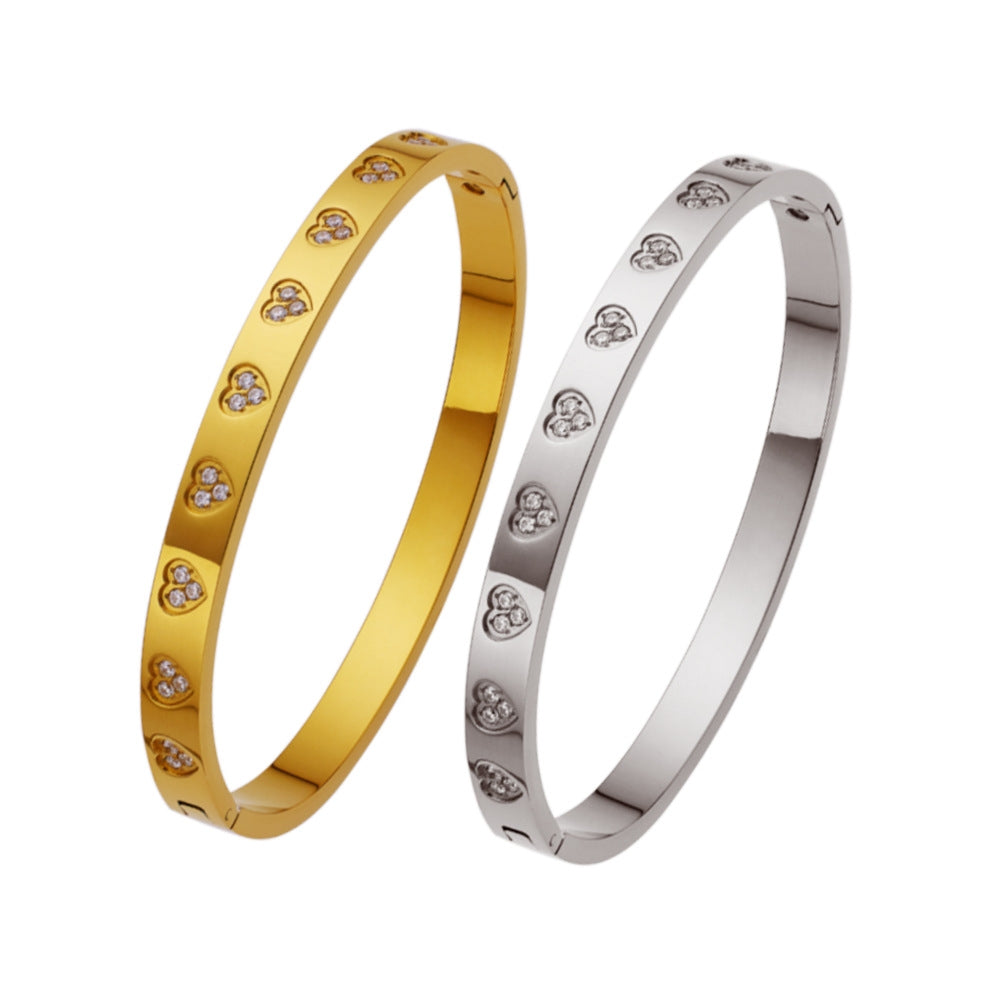 Simple Heart Shape Diamond Gold-Plated Titanium Steel Bangle Bracelet