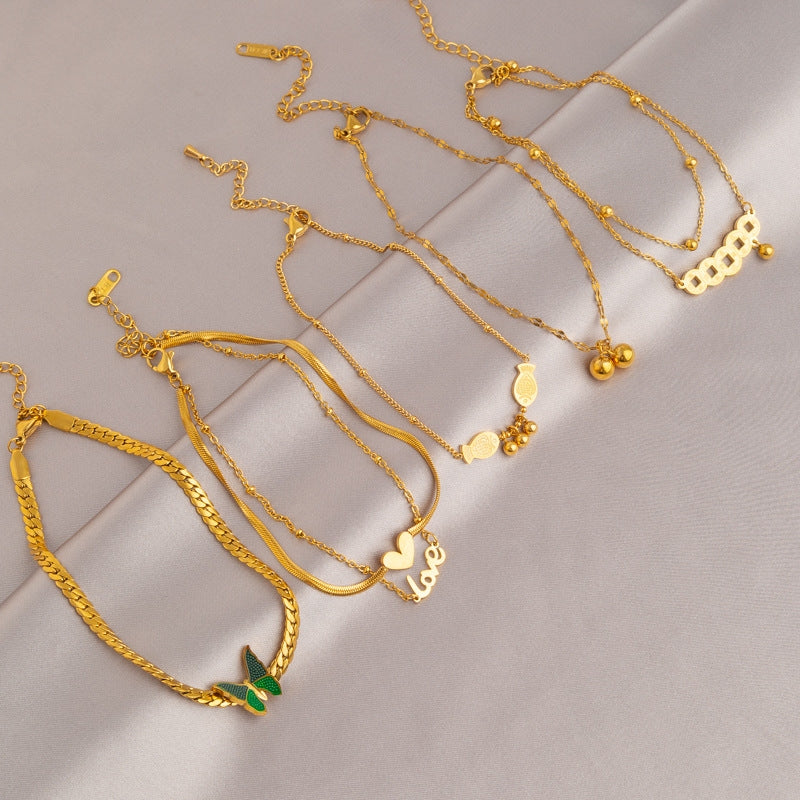 Simple Heart & Butterfly Resin Titanium Steel Anklet - 18k Gold Plated Trendy Women's Jewelry 2024