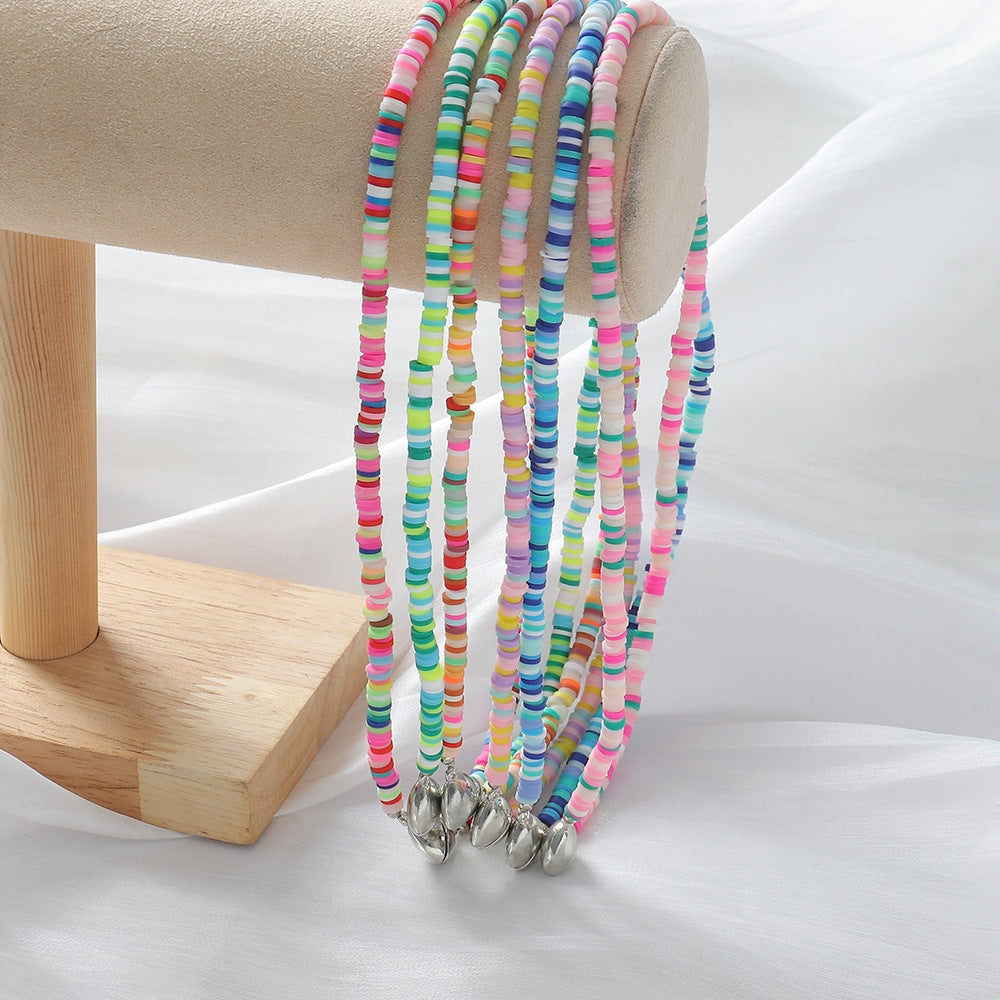 Bohemian Heart Shape Colorful Soft Clay Beaded Pendant Necklace with Magnetic Clasp