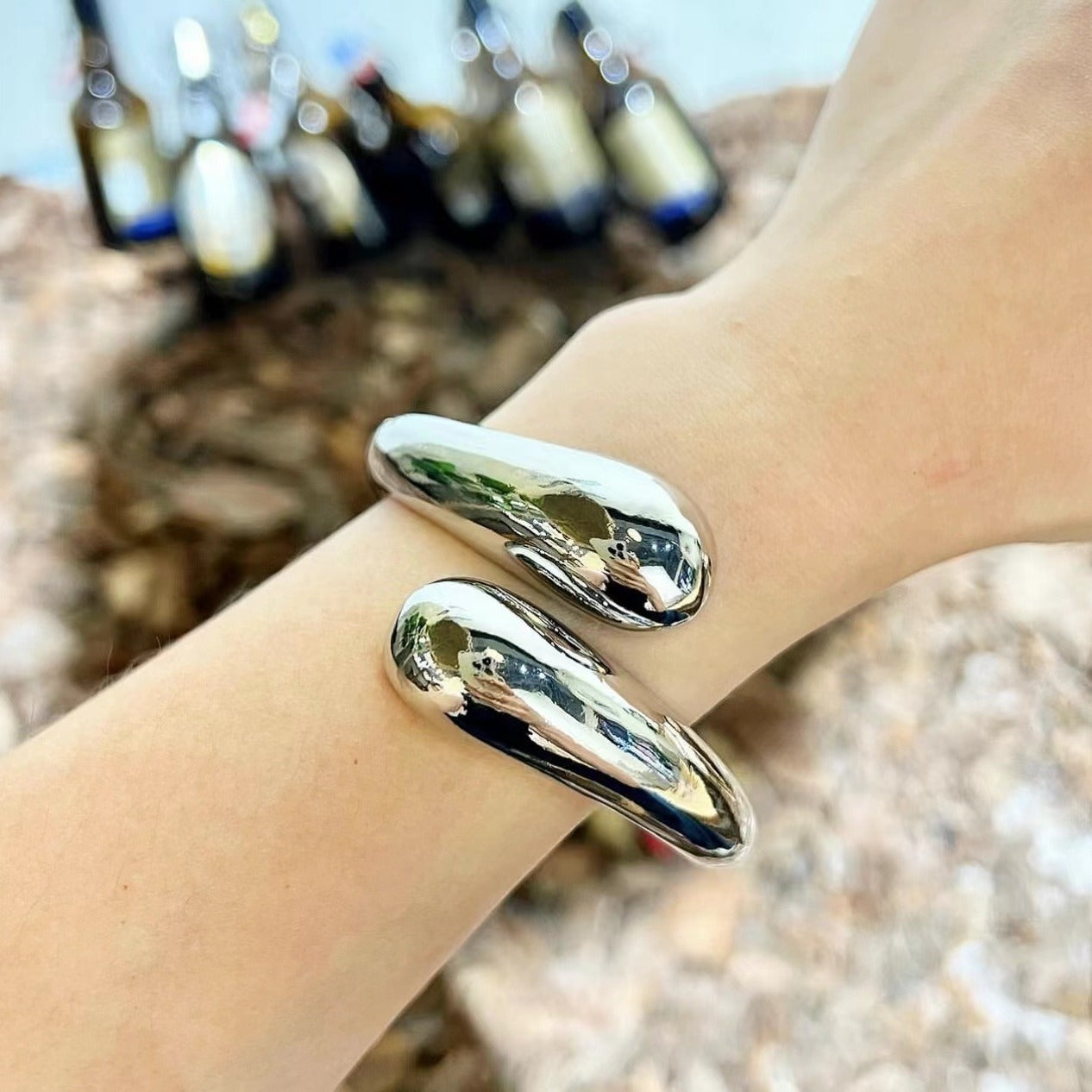 Minimalist Teardrop Open Cuff Bangle in Gold and Silver