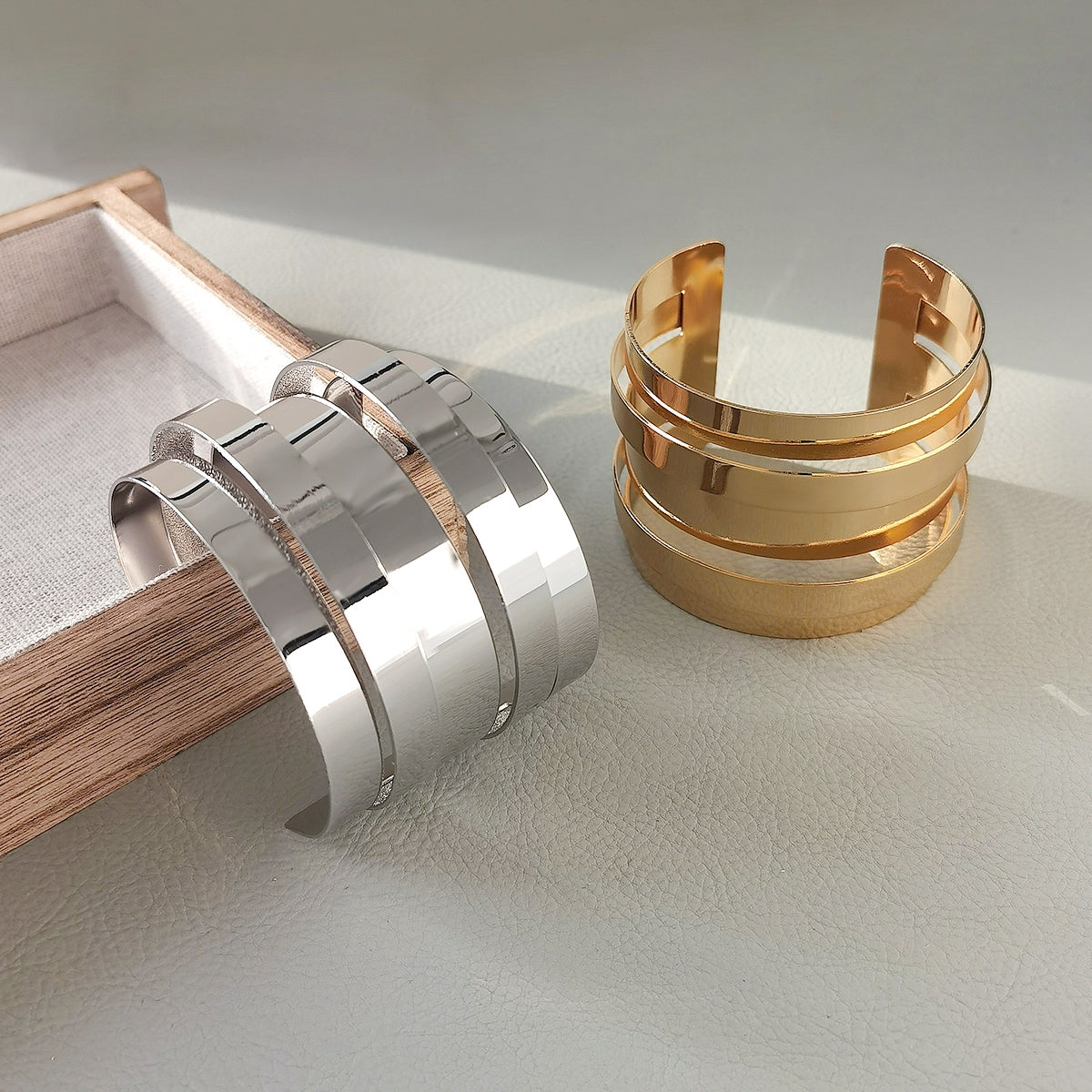 Simple Style Multi-Layered Metal Open Cuff Bracelet for Women