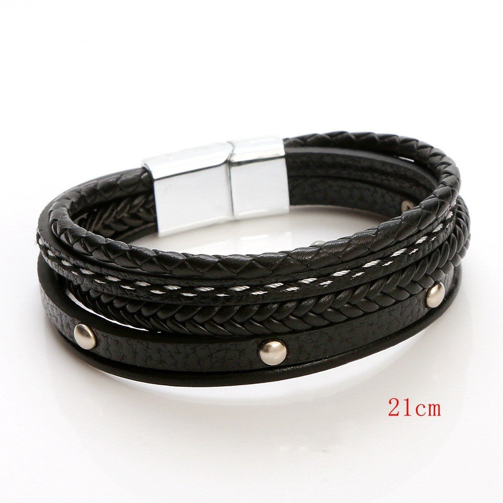 Simple Style Multi-Layer PU Leather and Titanium Steel Men's Bracelet