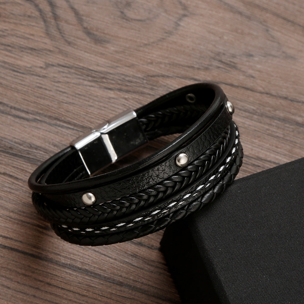 Simple Style Multi-Layer PU Leather and Titanium Steel Men's Bracelet