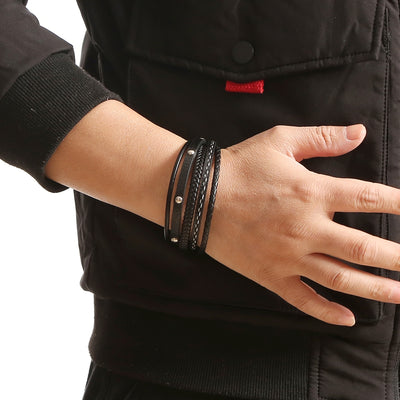 Simple Style Multi-Layer PU Leather and Titanium Steel Men's Bracelet