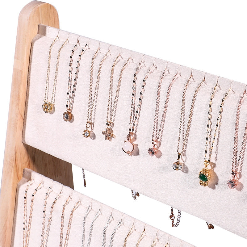 Simple Solid Wood Jewelry Display Stand with Dual Row Bracelet and Necklace Holder
