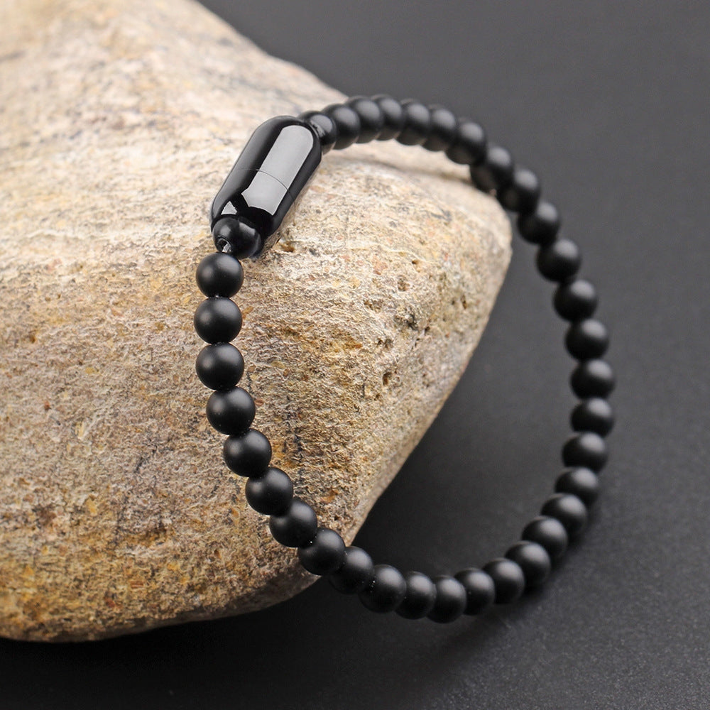 Simple Solid Color Stone Beaded Men's Bracelet with Black Stainless Steel Clasp