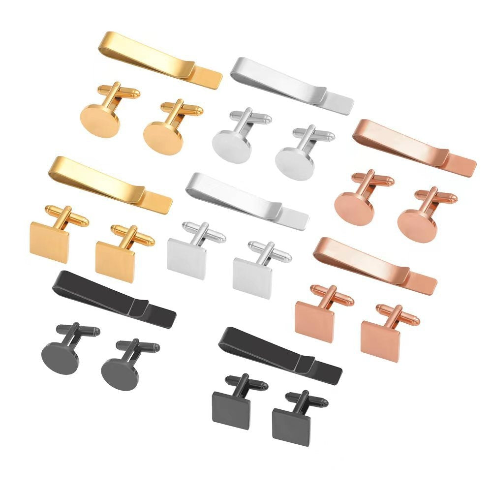 Simple Solid Color Titanium Steel Men's Cufflinks and Tie Clip Set