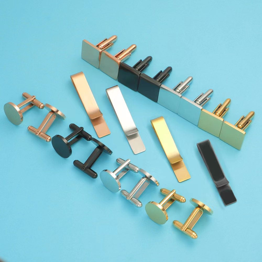 Simple Solid Color Titanium Steel Men's Cufflinks and Tie Clip Set