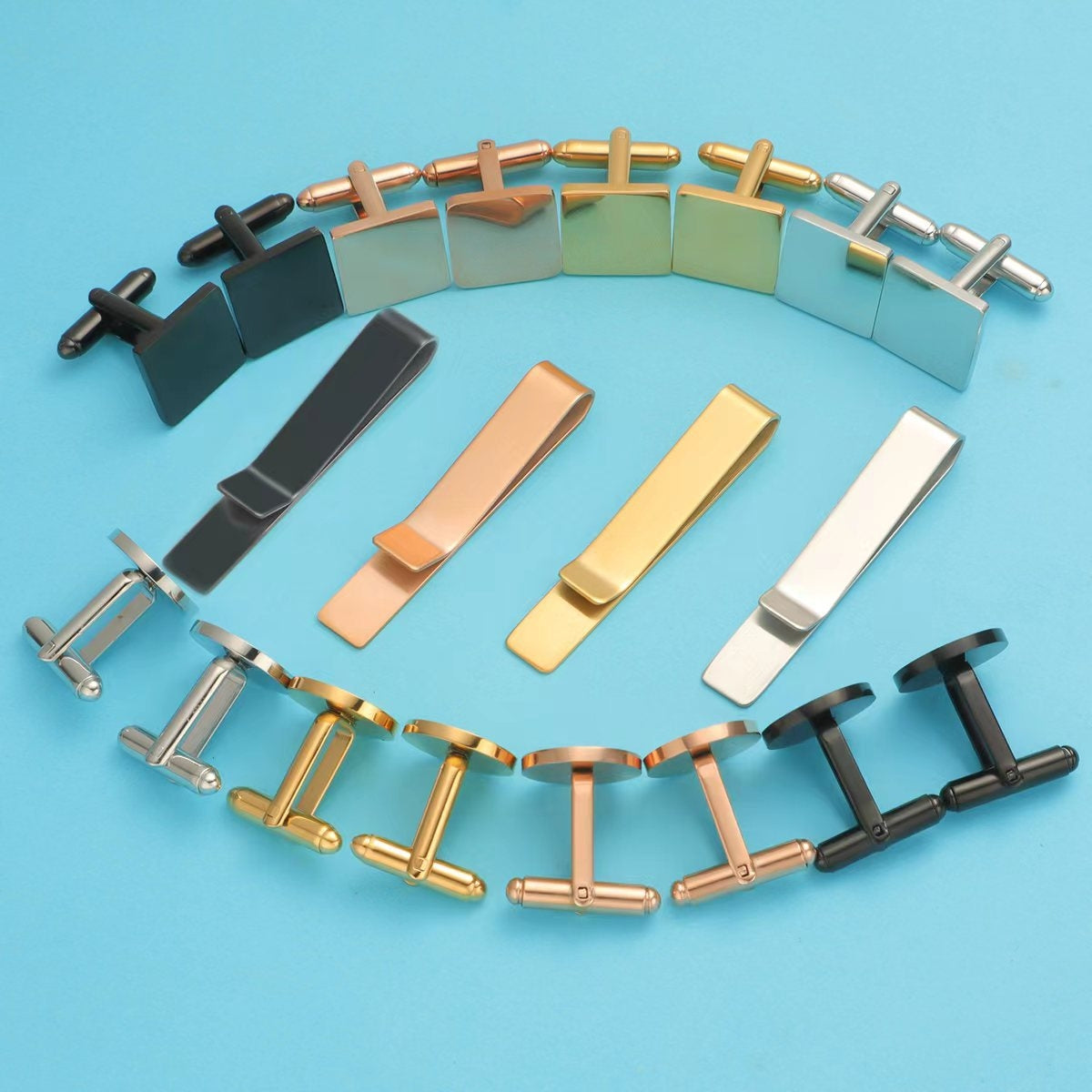 Simple Solid Color Titanium Steel Men's Cufflinks and Tie Clip Set