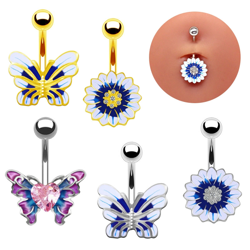 Sunflower Heart Butterfly Zircon Belly Ring in White Gold Plated Stainless Steel