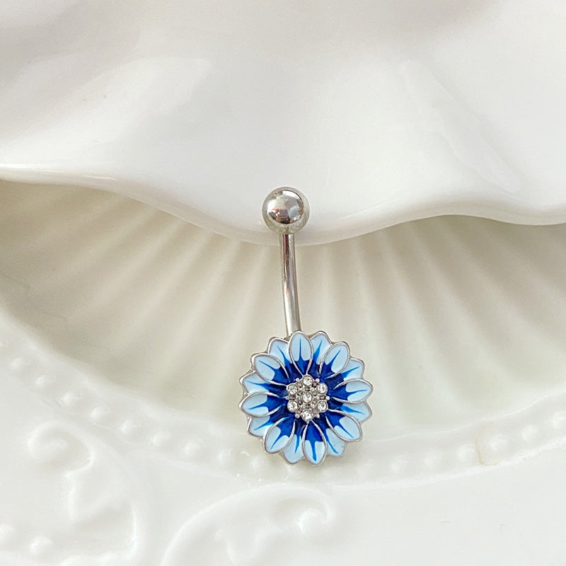 Sunflower Heart Butterfly Zircon Belly Ring in White Gold Plated Stainless Steel