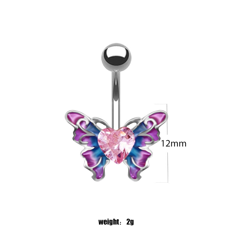 Sunflower Heart Butterfly Zircon Belly Ring in White Gold Plated Stainless Steel
