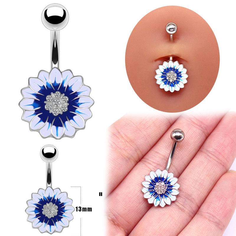 Sunflower Heart Butterfly Zircon Belly Ring in White Gold Plated Stainless Steel