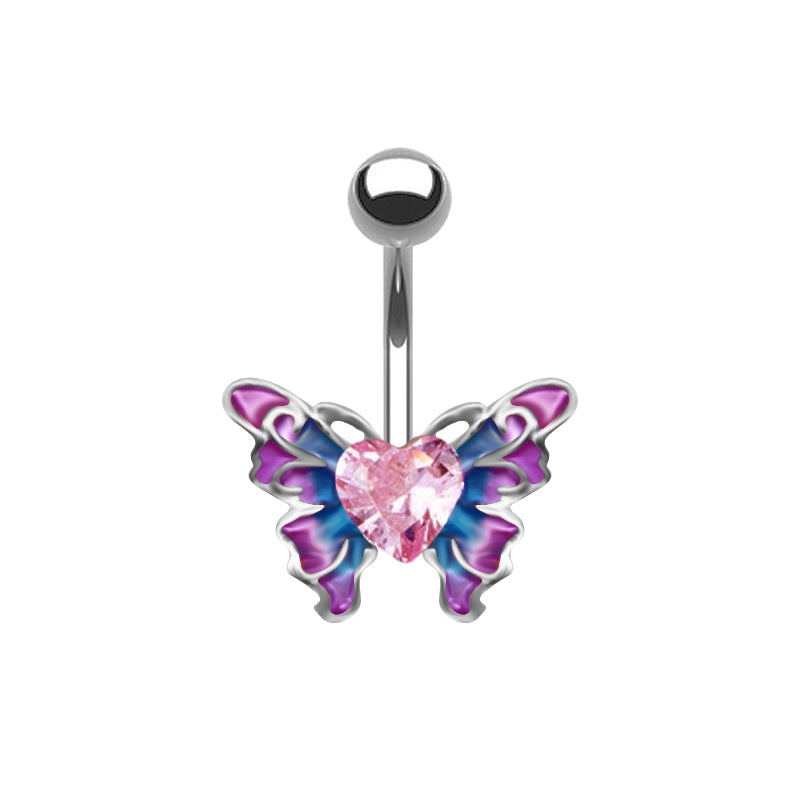Sunflower Heart Butterfly Zircon Belly Ring in White Gold Plated Stainless Steel