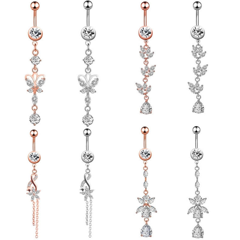Crystal Water Droplet Flower Butterfly Stainless Steel Zircon Belly Ring in Rose Gold