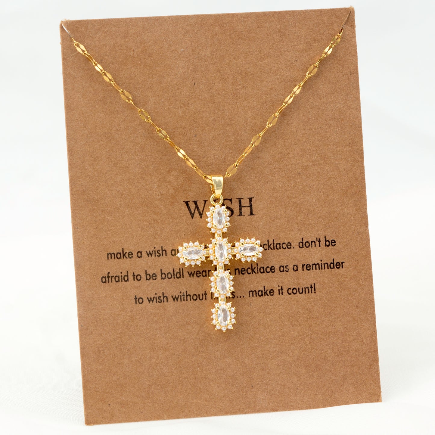 18K Gold Plated Vintage Geometric Cross Pendant Necklace with Rhinestones and Pearl Zircon