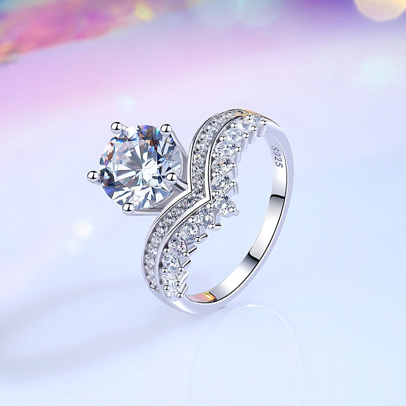 Sterling Silver Crown Design Moissanite Ring with Rhinestones, 2 Carat D Color Princess Cut