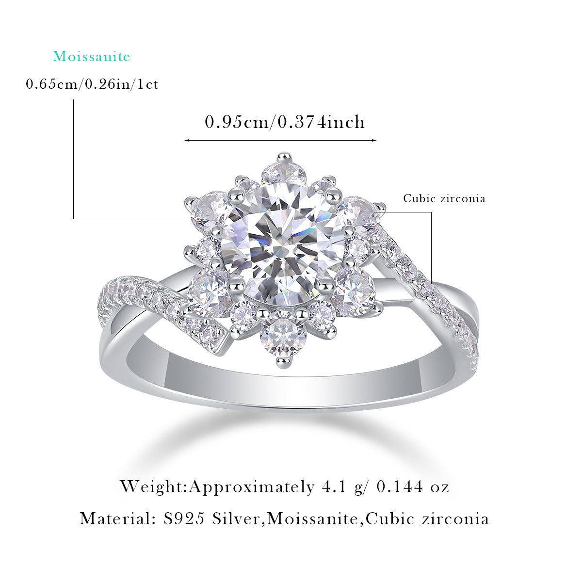 Sterling Silver Moissanite Geometric Six-Prong Ring with GRA Certificate