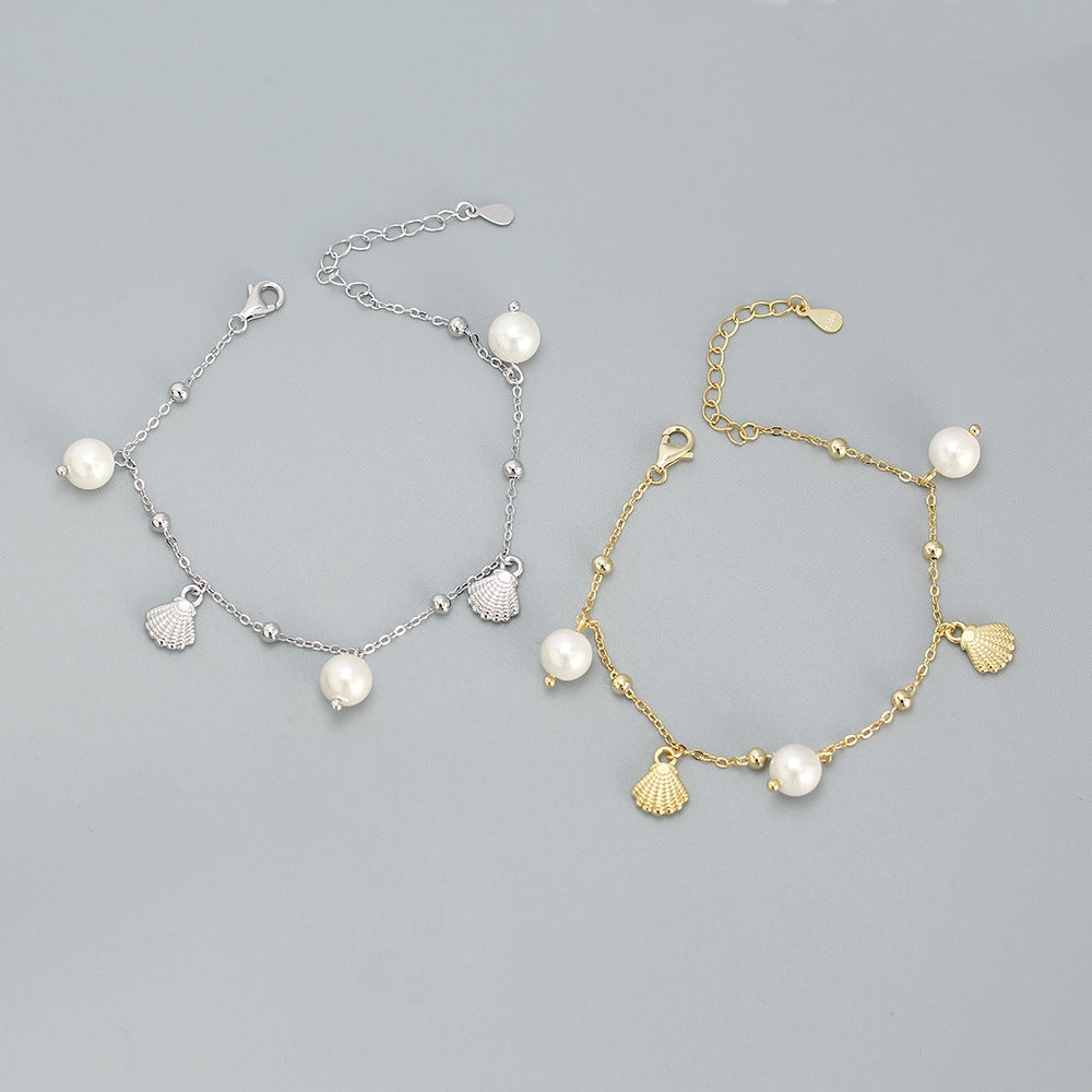 Sterling Silver Delicate Pearl Shell Multi-Pendant Bracelet for Women