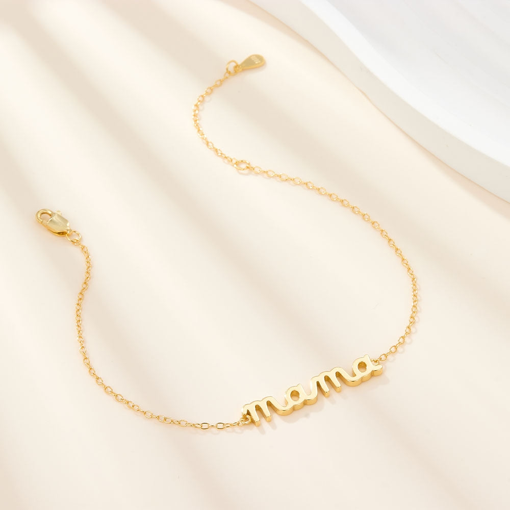925 Sterling Silver Minimalist Letter Bracelet - White Gold Plated, Glossy Mama Design