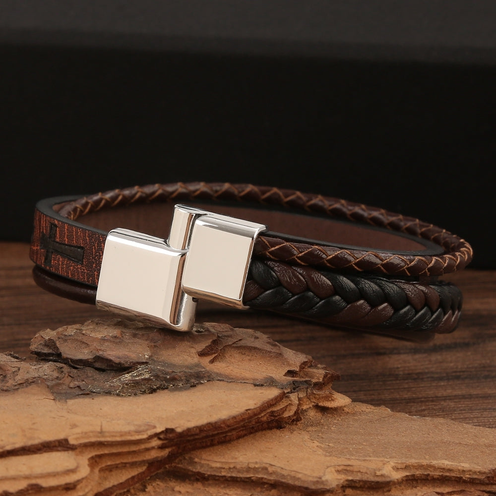 Streetwear Color Block PU Leather Men's Bangle with Alloy Clasp