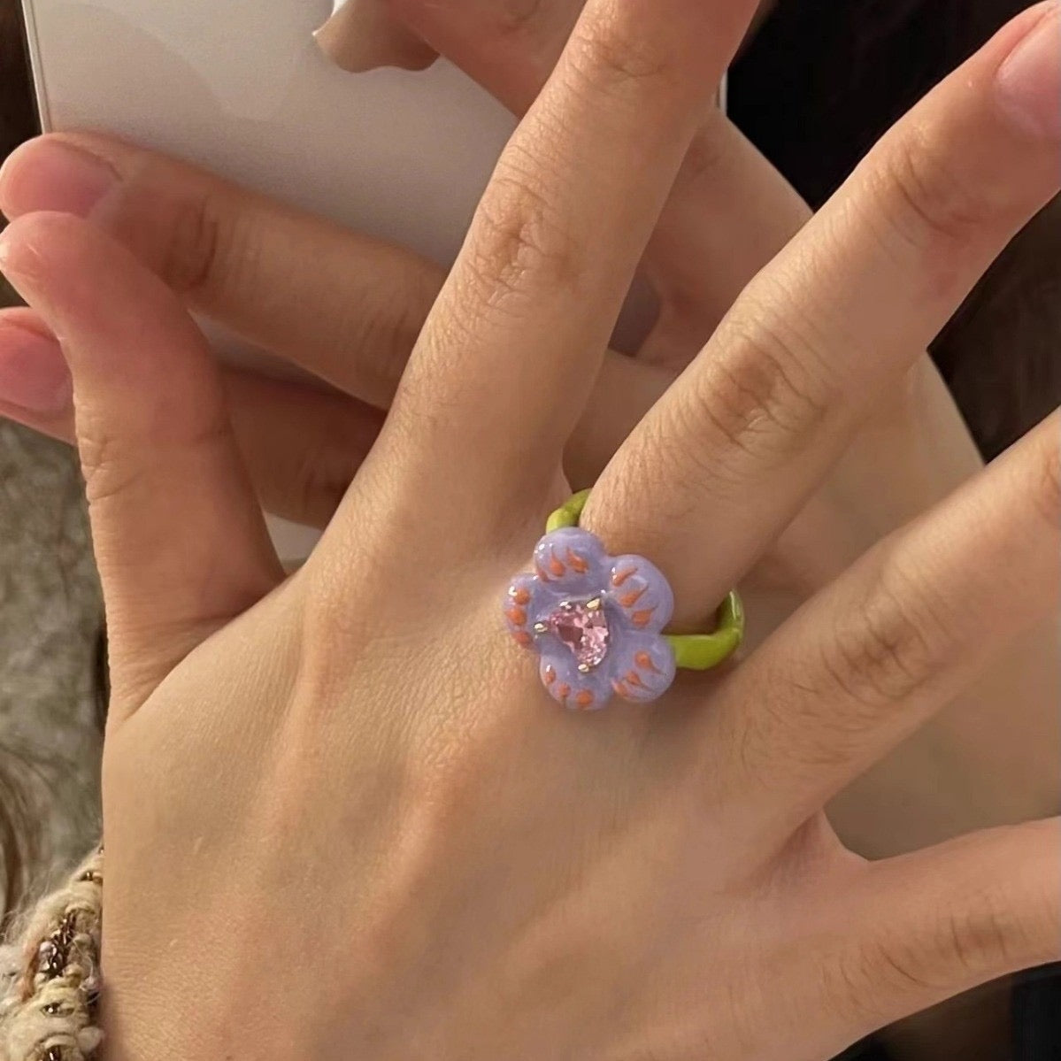 Sweet Heart & Butterfly Enamel Rhinestone Open Ring for Women