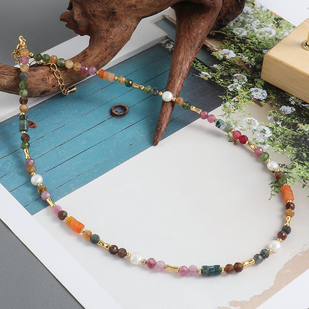 Sweet Geometric Freshwater Pearl Tourmaline Beaded Handmade Necklace