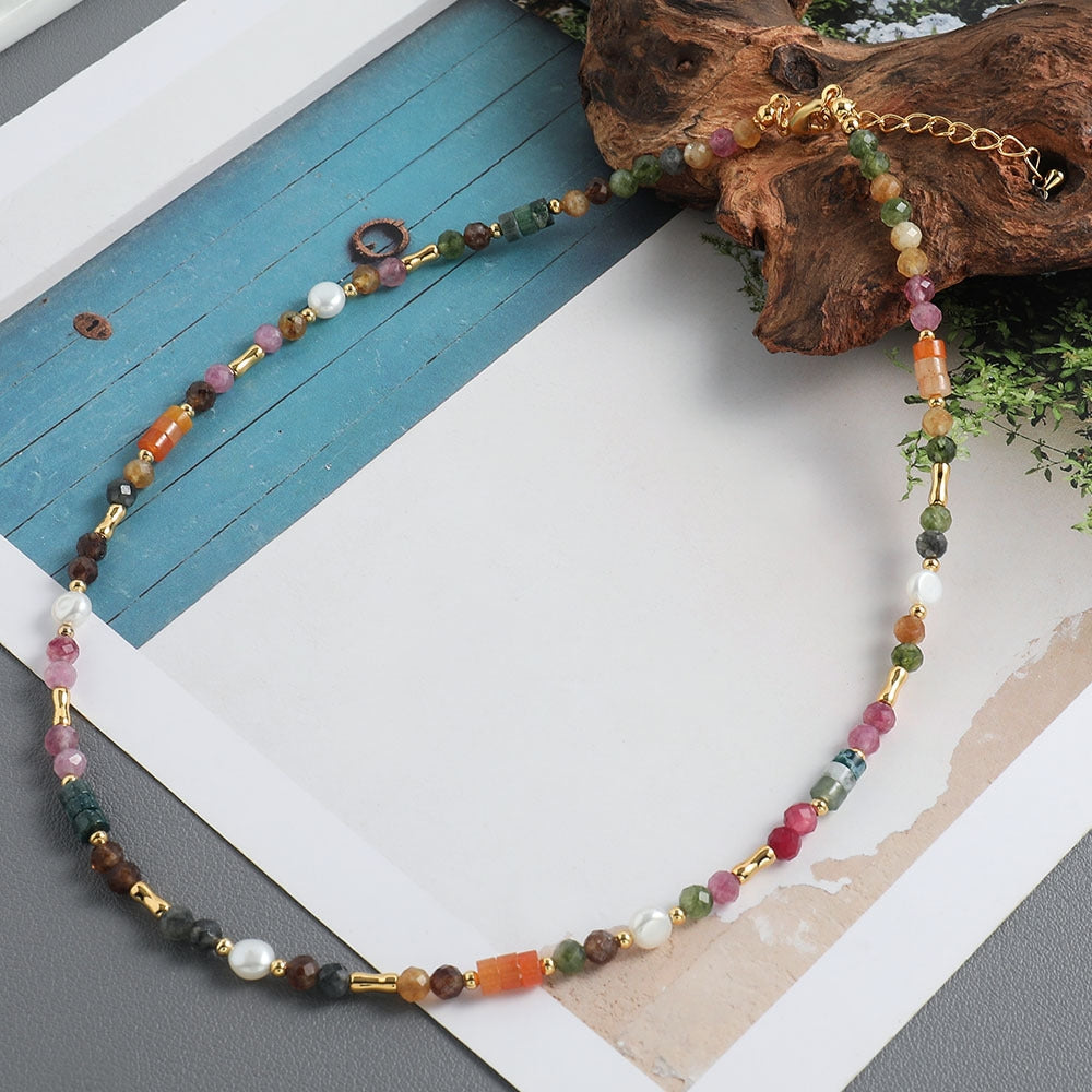 Sweet Geometric Freshwater Pearl Tourmaline Beaded Handmade Necklace
