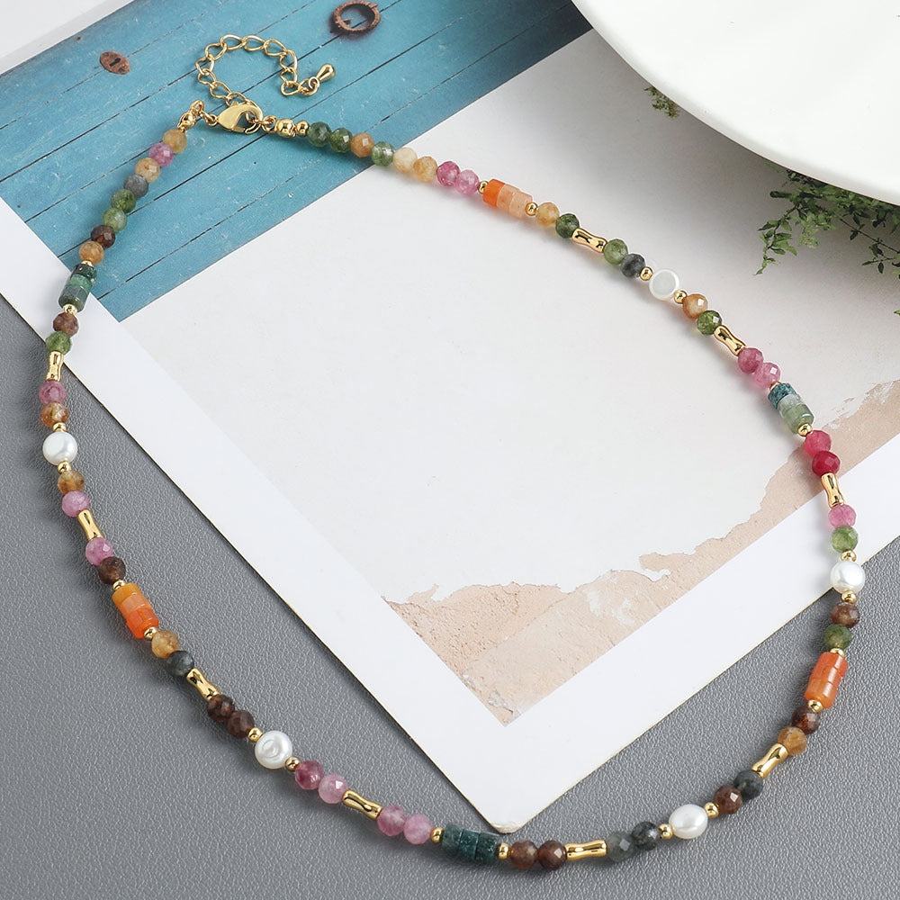 Sweet Geometric Freshwater Pearl Tourmaline Beaded Handmade Necklace