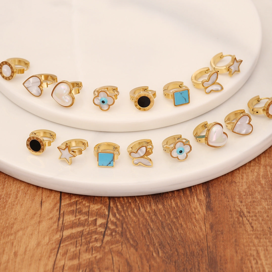 Pentagram Heart Butterfly Stainless Steel Turquoise Stud Earrings