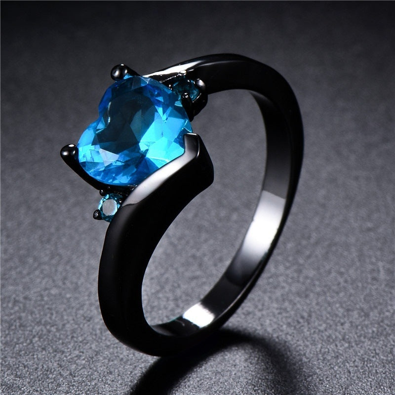 Sweet Heart Shape Blue Gemstone Black Gold Women's Ring