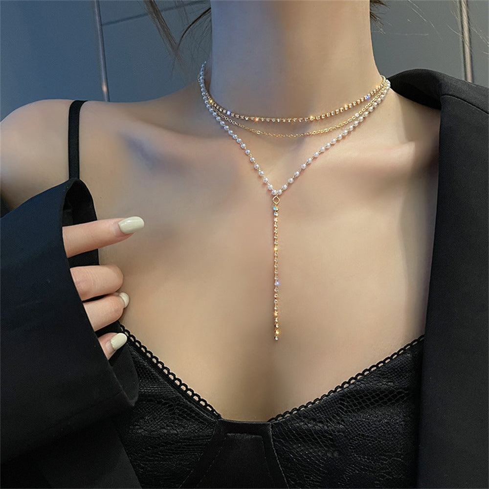 Elegant Layered Rhinestone and Pearl Y-Chain Necklace for Women