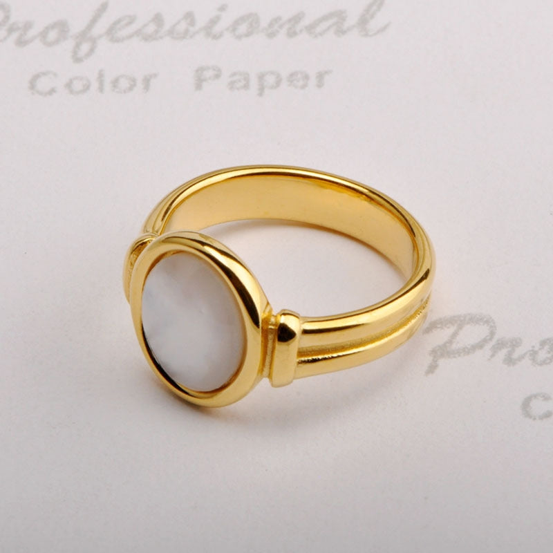 18K Gold Plated Titanium Steel Ring with Inlaid White Shell Design