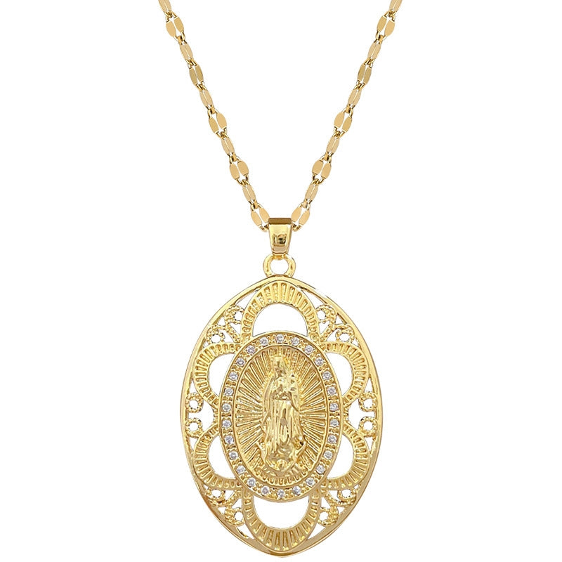 Titanium Steel Gold Plated Oval Portrait Zircon Pendant Necklace