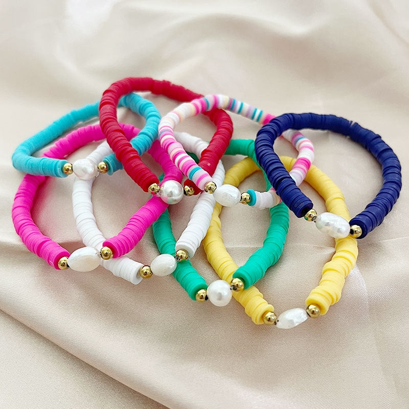 Bohemian Beach Baroque Pearl Color Block Clay Bracelets