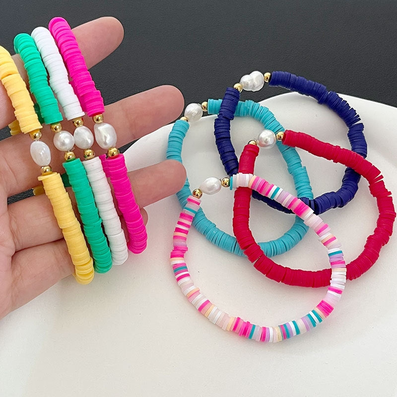 Bohemian Beach Baroque Pearl Color Block Clay Bracelets